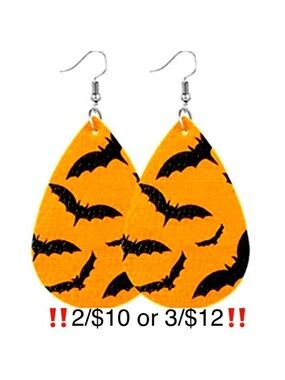 Halloween Bat Earrings Faux Leather Orange Black Dangling Halloween Earrings